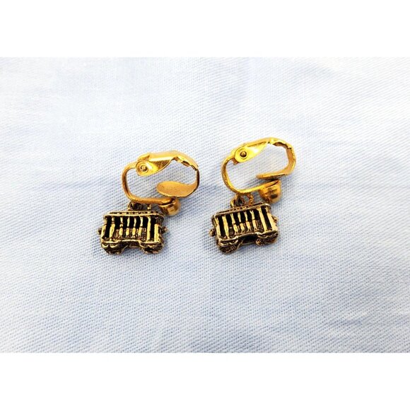 Vintage Street Car Gold Tone Clip On Dangle Earrings San Francisco Souvenier - Picture 2 of 3